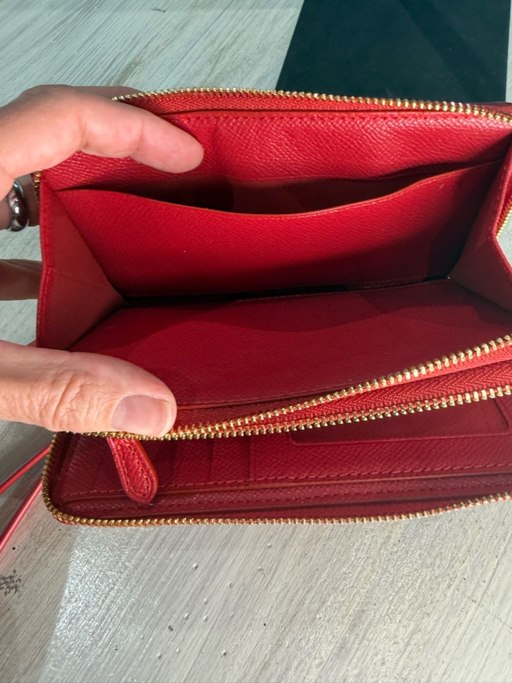 Coach Brown Double Zip Wallet with Red Signature Stripe Accent - Picture 9 of 14